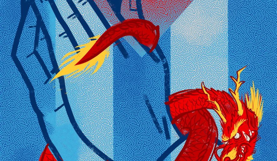 Illustration of praying hands and a red dragon for “China’s threat in Cuba goes beyond spying.” Illustration by Linas Garsys / The Washington Times.